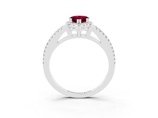 White gold Pear Cut Garnet Halo Split Shank Engagement Ring