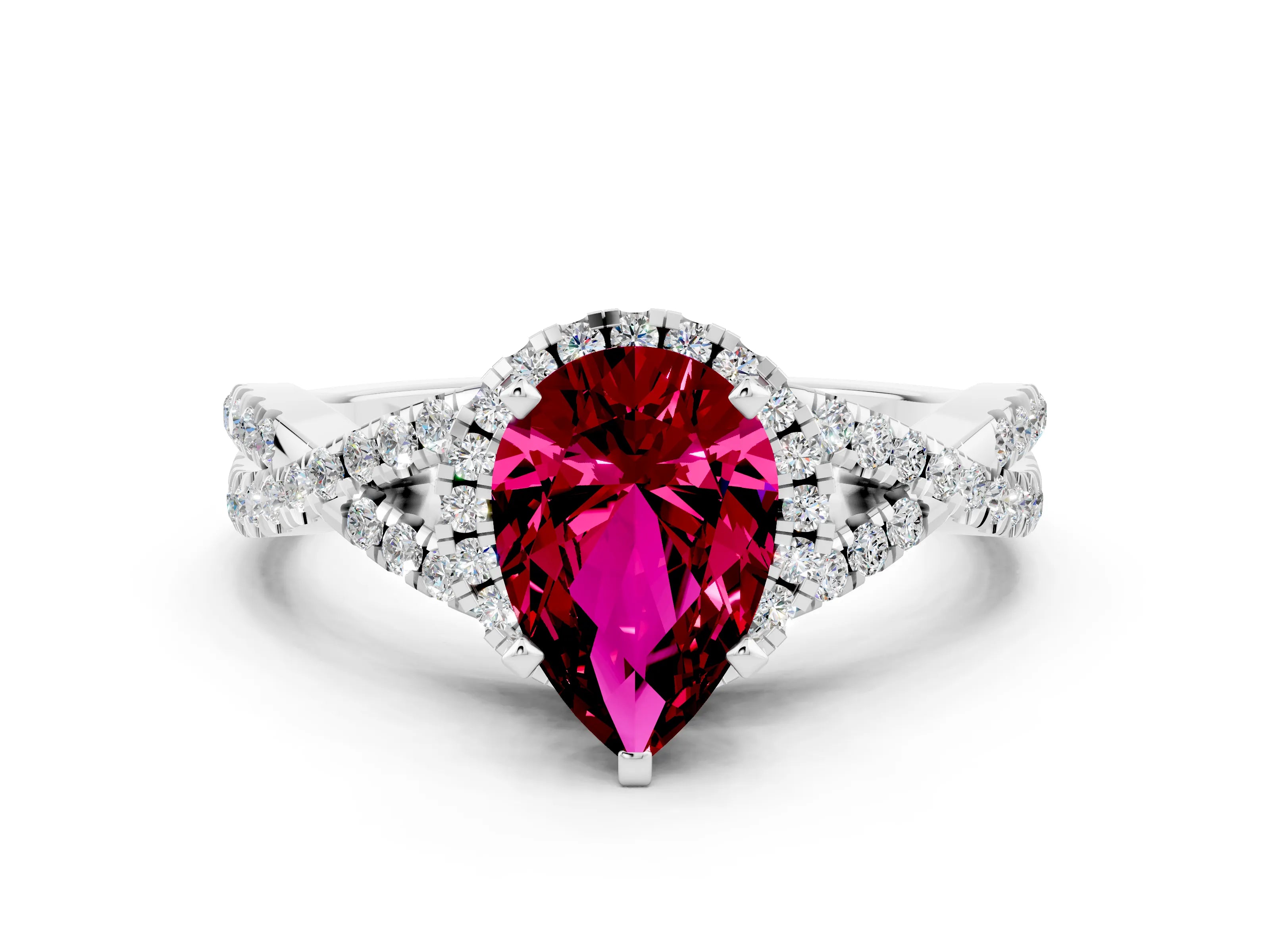 White gold Pear Cut Garnet Halo Twist Band Solitaire Prong Setting Ring