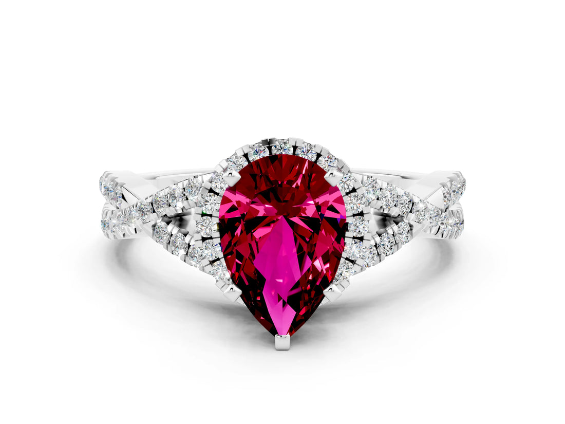 White gold Pear Cut Garnet Halo Twist Band Solitaire Prong Setting Ring