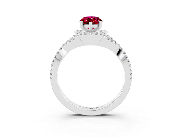 Platinum Pear Cut Garnet  Halo Twist Band Solitaire Prong Setting Ring