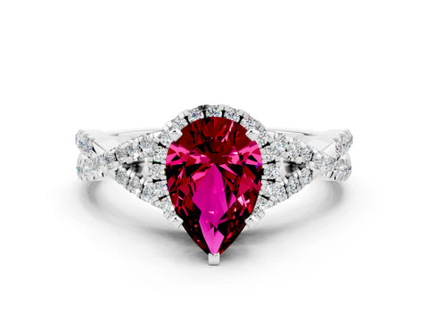 White gold Pear Cut Garnet Halo Twist Band Solitaire Prong Setting Ring