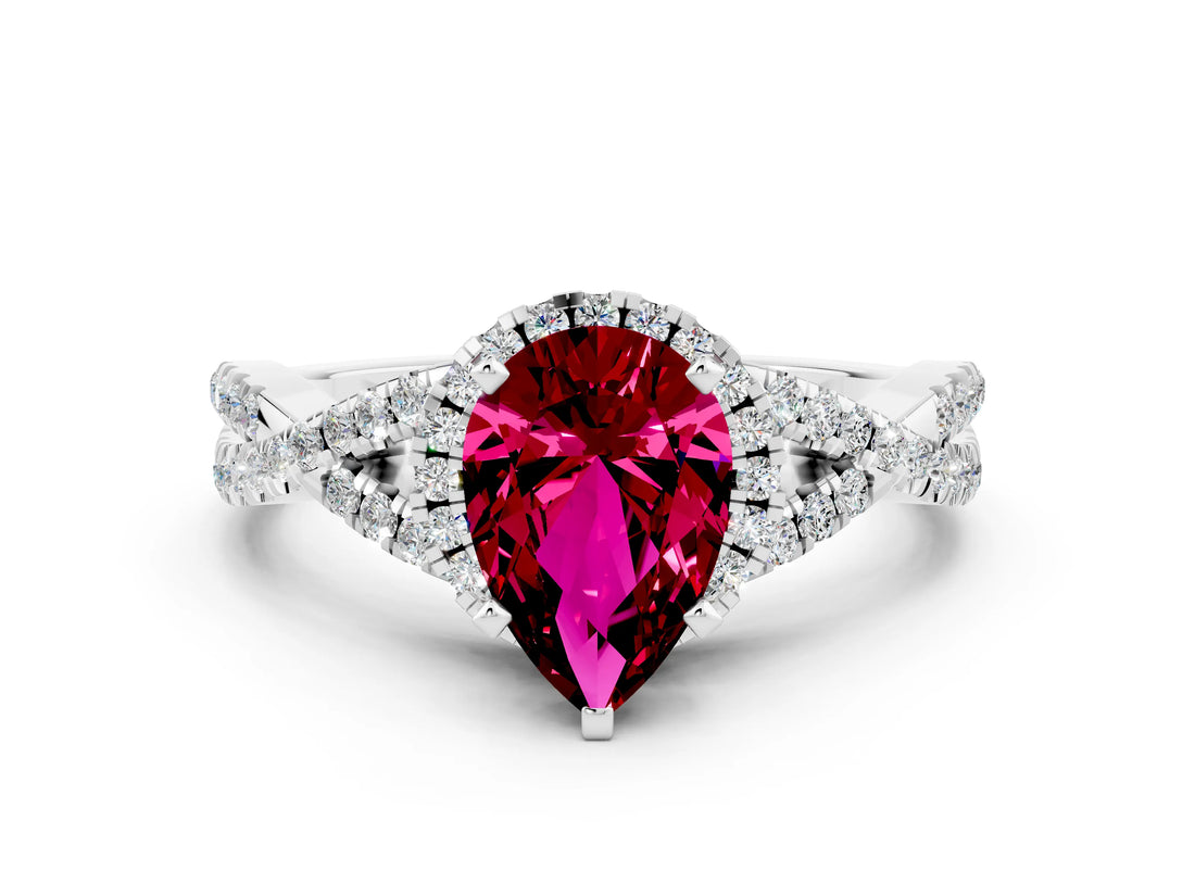 White gold Pear Cut Garnet  Halo Twist Band Solitaire Prong Setting Ring_54