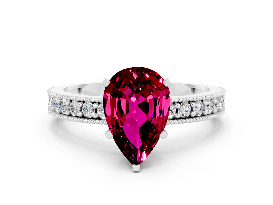 White gold Pear Cut Garnet Milgrain Pavé Engagement Ring with Four-Prong Setting