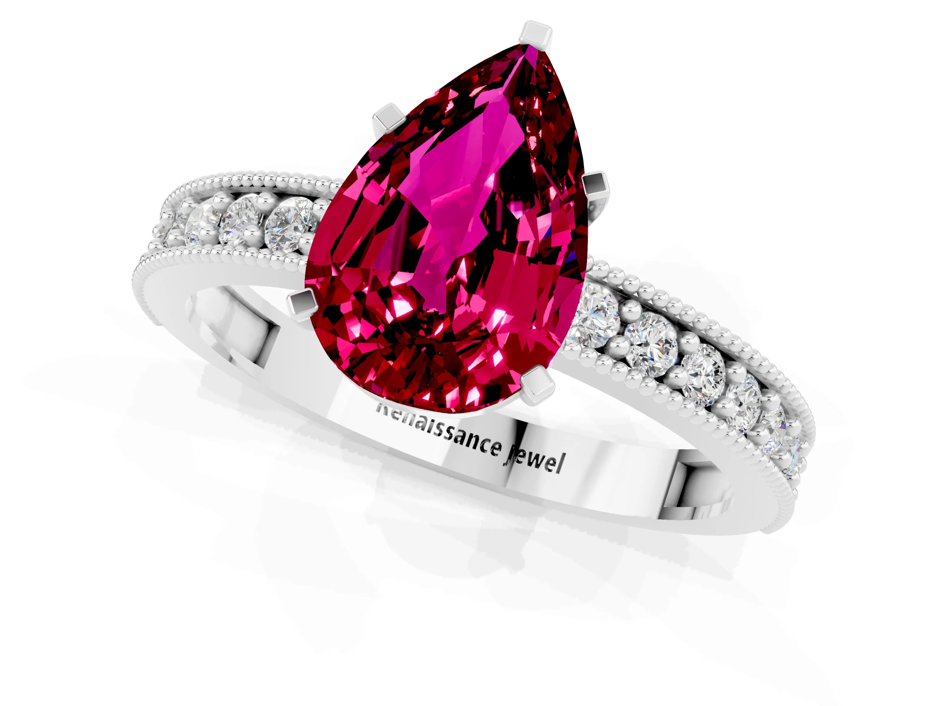 White gold Pear Cut Garnet Milgrain Pavé Engagement Ring with Four-Prong Setting_1