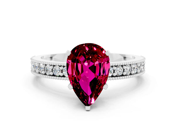 Silver Pear Cut Garnet Milgrain Pavé Engagement Ring with Four-Prong Setting