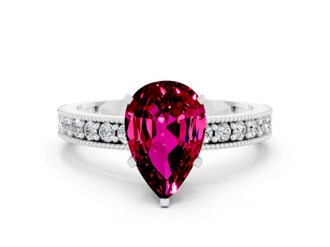White gold Pear Cut Garnet Milgrain Pavé Engagement Ring with Four-Prong Setting