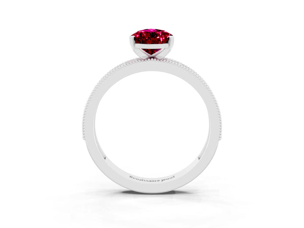 Platinum Pear Cut Garnet Milgrain Pavé Engagement Ring with Four-Prong Setting