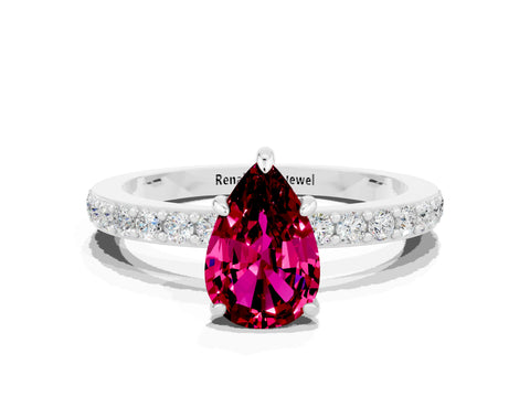White gold Pear Cut Garnet Pavé Engagement Ring with Round  Accents and Prong Setting_12