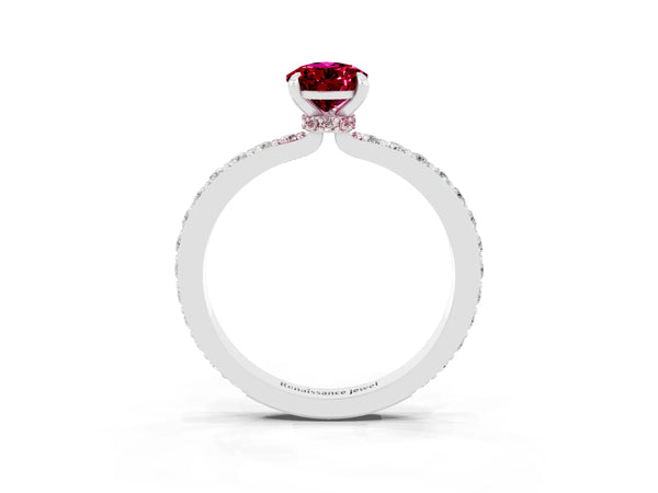 Platinum Pear Cut Garnet Pavé Engagement Ring with Round  Accents and Prong Setting