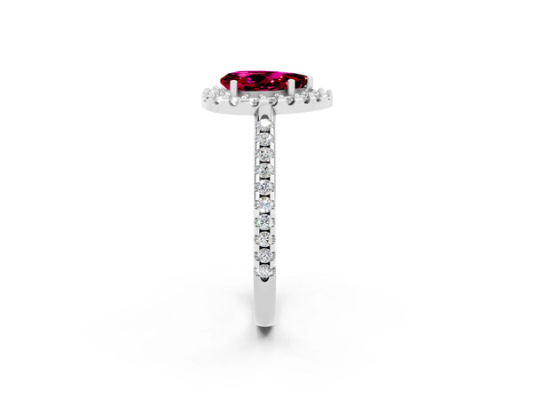 Platinum Pear Cut Garnet Pavé Halo Ring with Four-Prong Setting