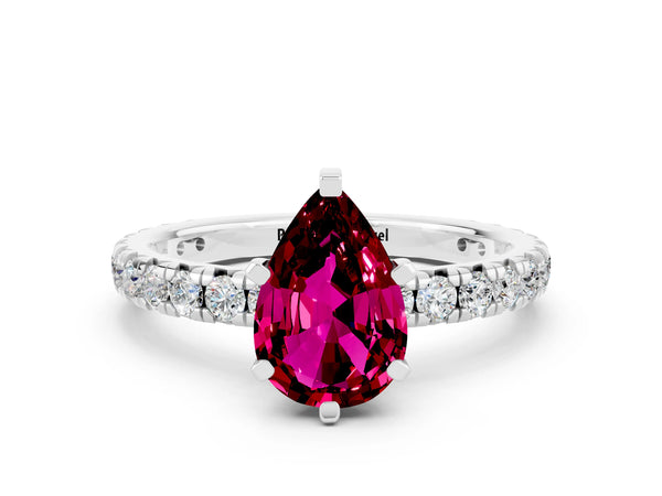 Platinum Pear Cut Garnet Pavé Solitaire Ring with Round Band and Prong Setting