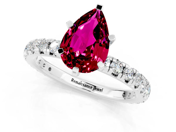 Silver Pear Cut Garnet Pavé Solitaire Ring with Round Band and Prong Setting