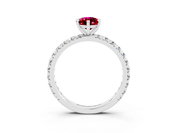Platinum Pear Cut Garnet Pavé Solitaire Ring with Round Band and Prong Setting
