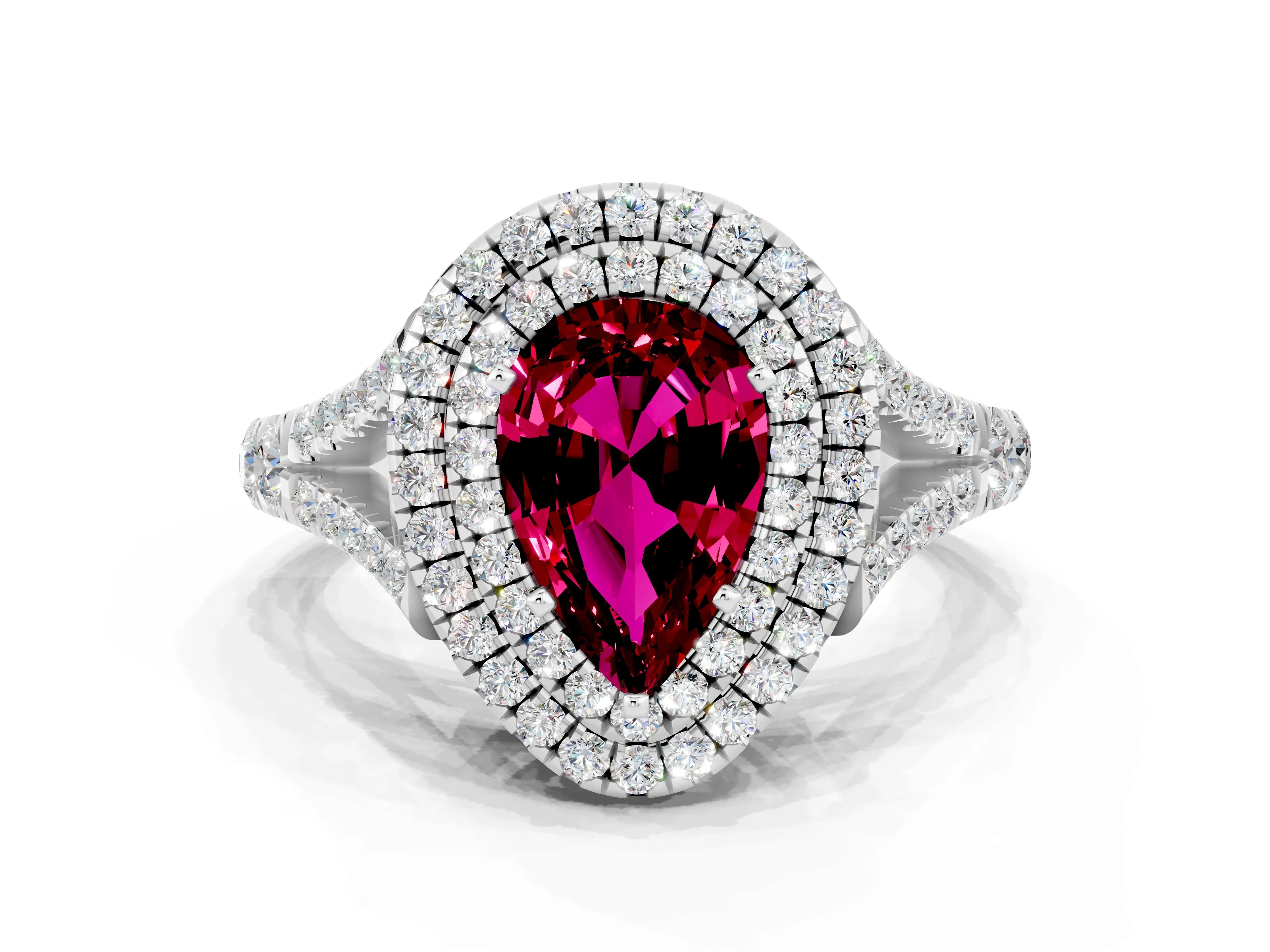 White gold Pear Cut Garnet Pavé Split Shank Double Halo Engagement Ring