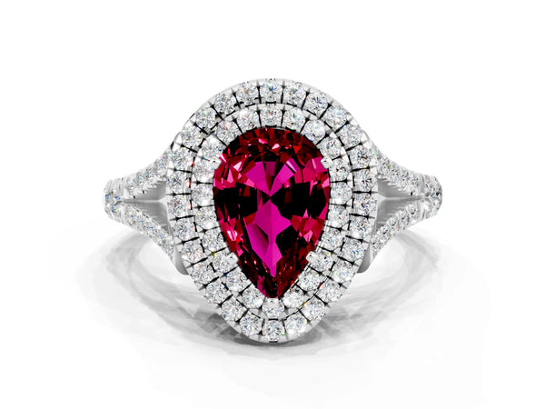 Silver Pear Cut Garnet Pavé Split Shank Double Halo Engagement Ring