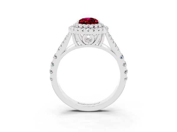 White gold Pear Cut Garnet Pavé Split Shank Double Halo Engagement Ring