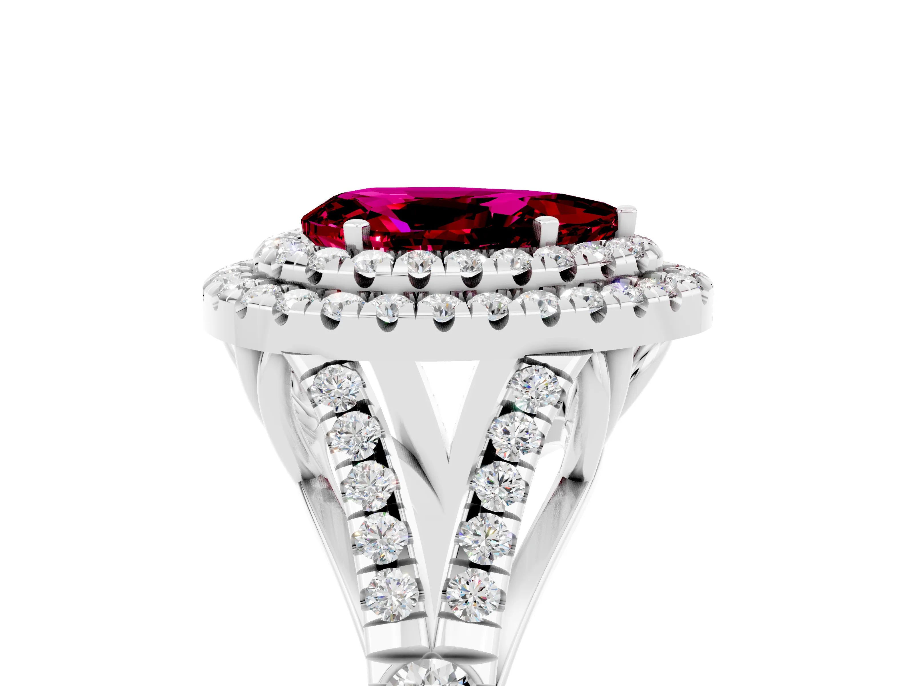 White gold Pear Cut Garnet Pavé Split Shank Double Halo Engagement Ring_5