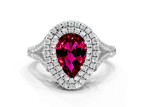 White gold Pear Cut Garnet Pavé Split Shank Double Halo Engagement Ring