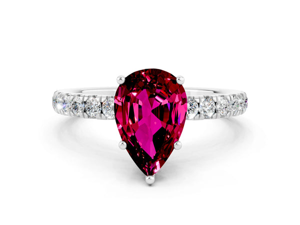 Platinum Pear Cut Garnet Pave Band Solitaire Ring with Round  and Prong Setting