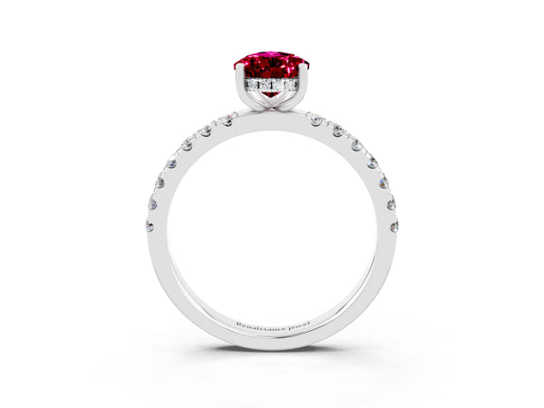 Platinum Pear Cut Garnet Pave Band Solitaire Ring with Round  and Prong Setting