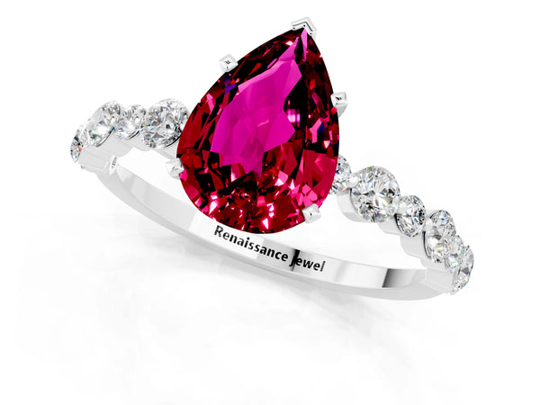 Platinum Pear Cut Garnet Prong Set Engagement Ring with Pavé Band