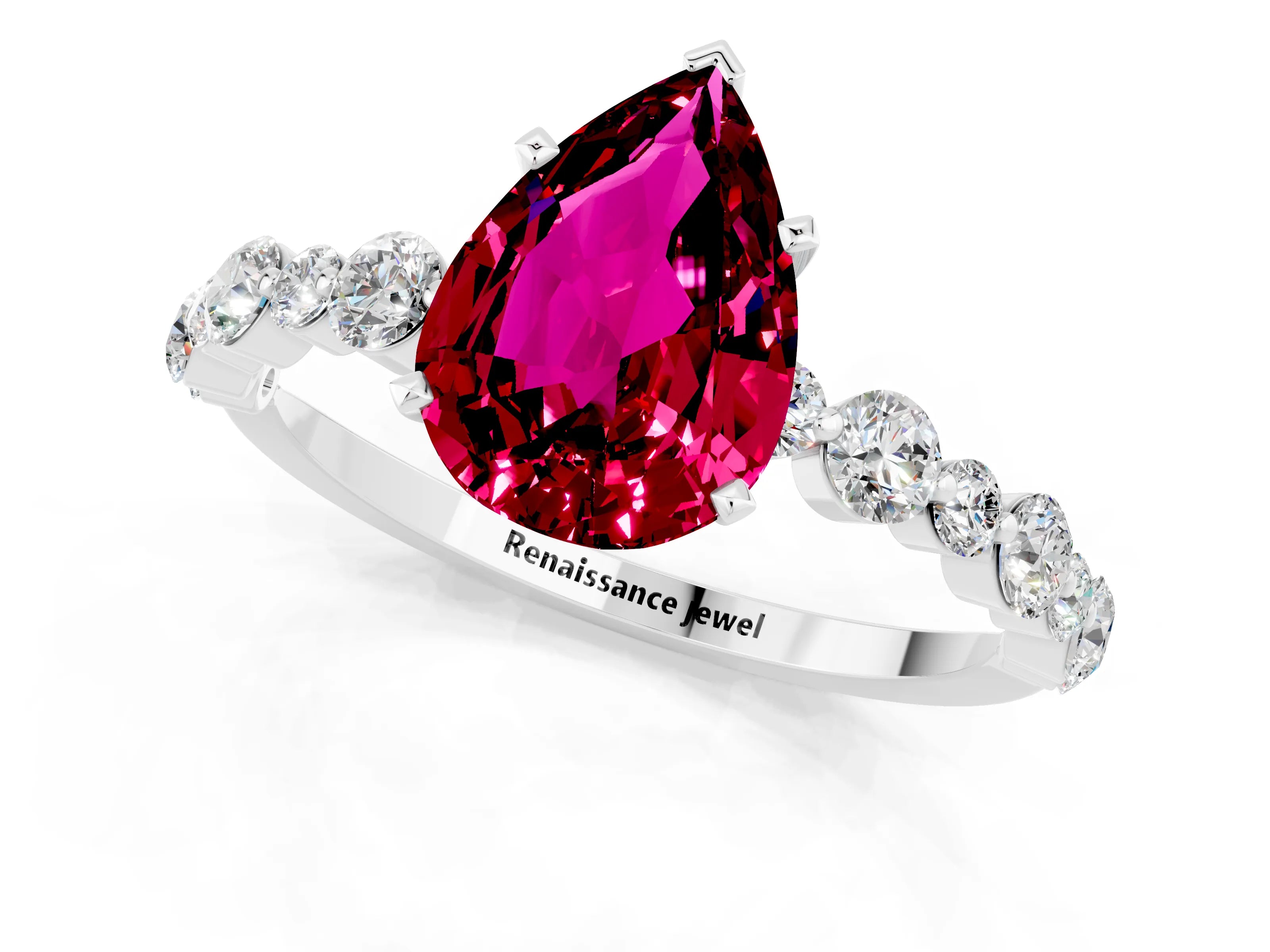 White gold Pear Cut Garnet Prong Set Engagement Ring with Pavé Band_1