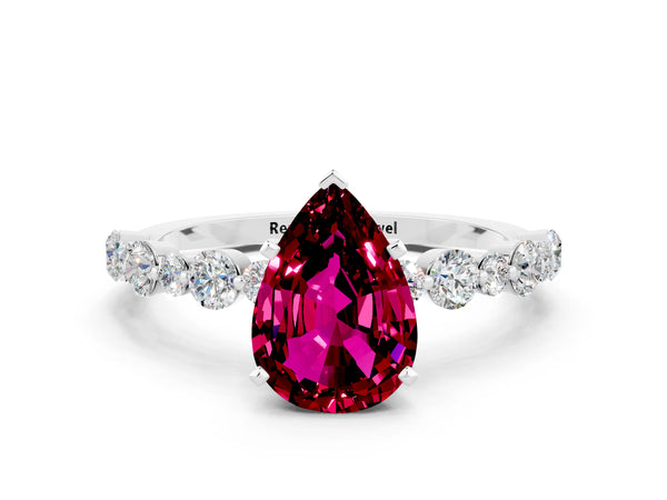 White gold Pear Cut Garnet Prong Set Engagement Ring with Pavé Band