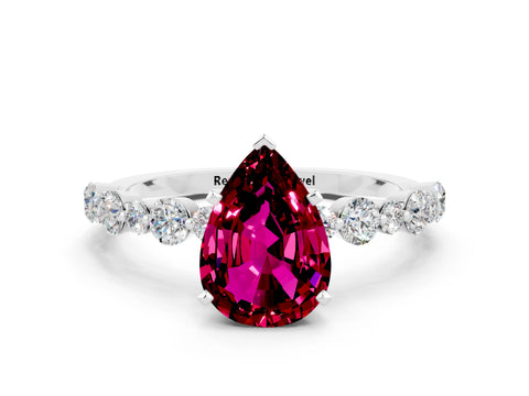 White gold Pear Cut Garnet Prong Set Engagement Ring with Pavé Band