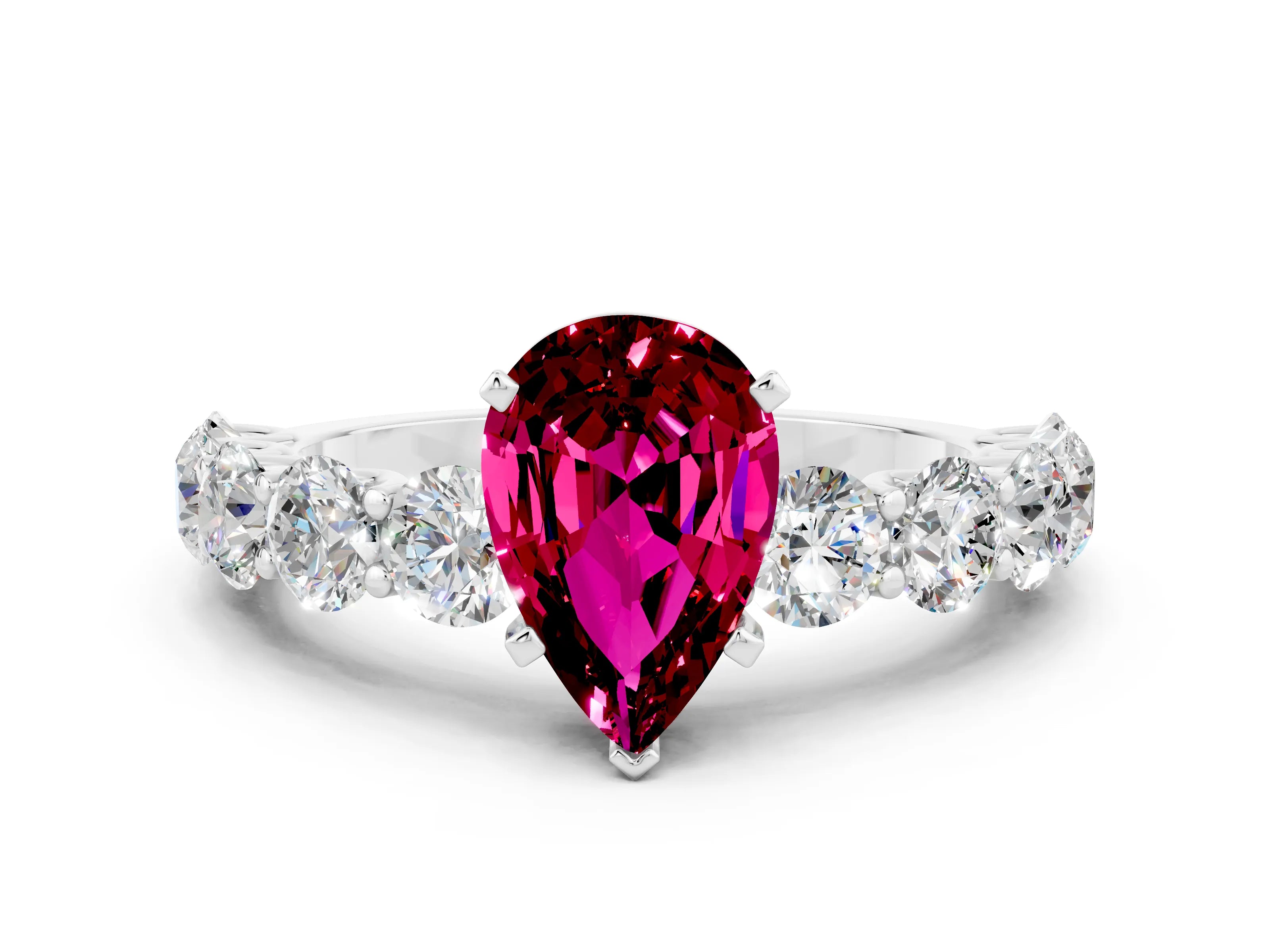 White gold Pear Cut Garnet Prong Setting with Side Stones on a Pave Band