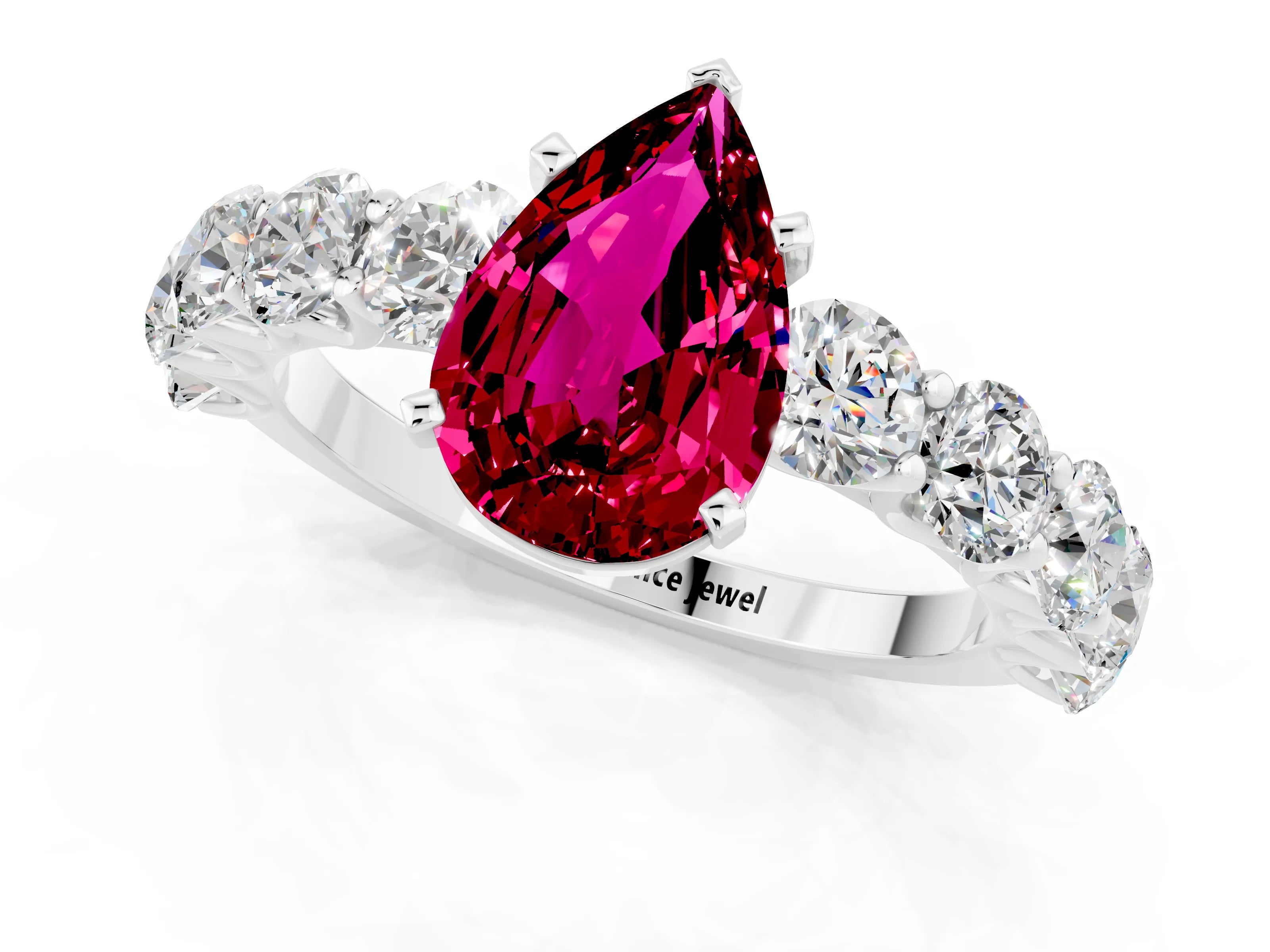 White gold Pear Cut Garnet Prong Setting with Side Stones on a Pave Band_1