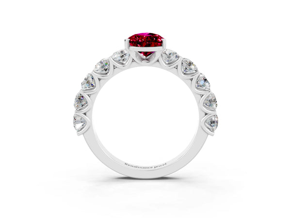 White gold Pear Cut Garnet Prong Setting with Side Stones on a Pave Band