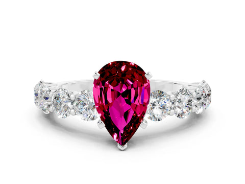 White gold Pear Cut Garnet Prong Setting with Side Stones on a Pave Band