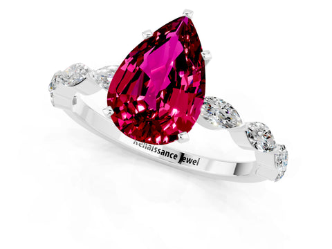 White gold Pear Cut Garnet Ring with Marquise Side Stones and Prong Setting_1