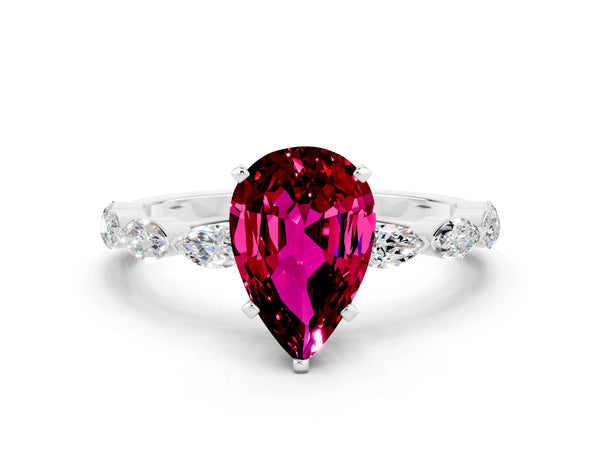 White gold Pear Cut Garnet Ring with Marquise Side Stones and Prong Setting