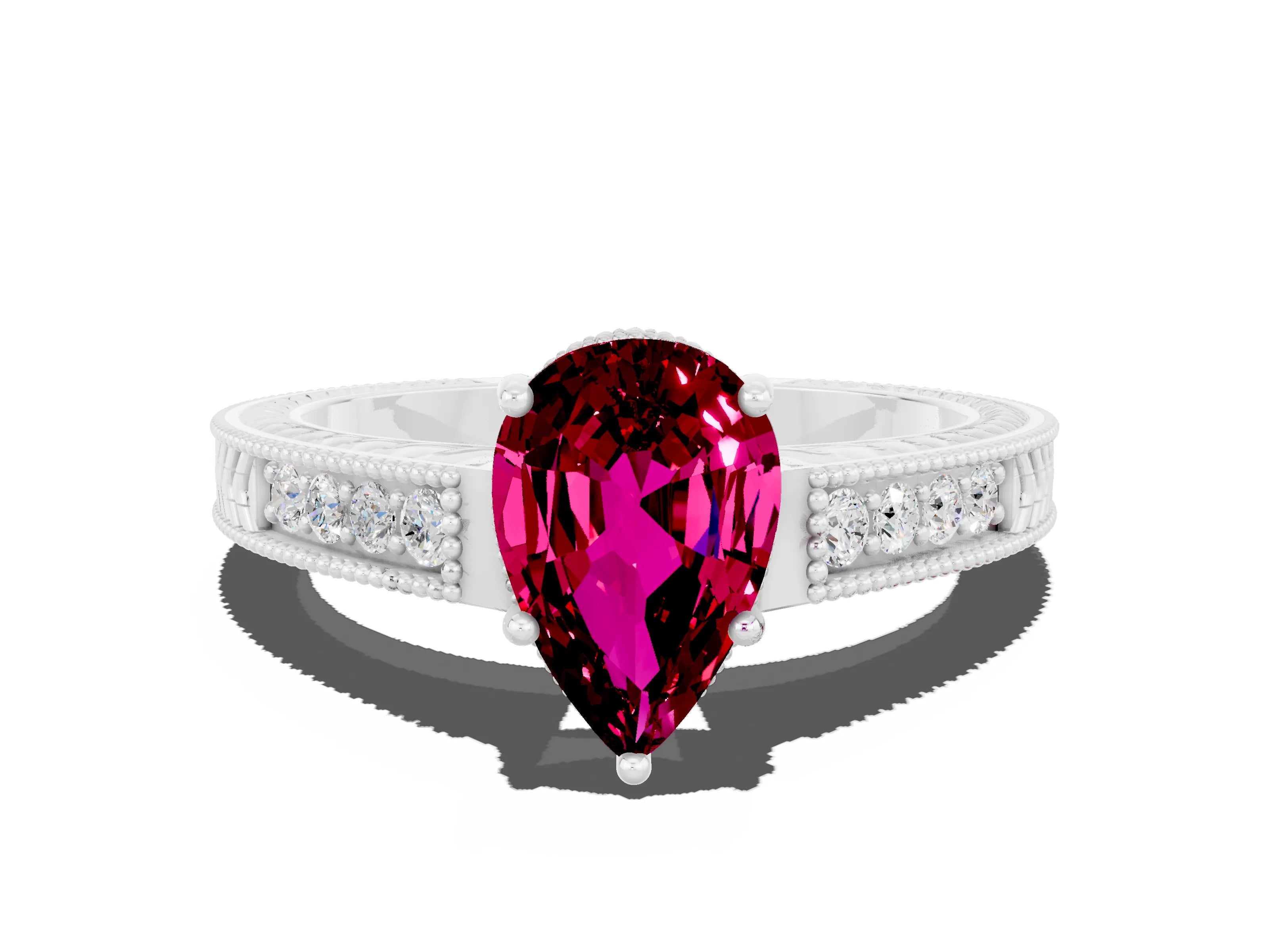 White gold Pear Cut Garnet Ring with Milgrain Pavé Band and Four-Prong Setting_12