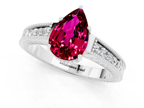 White gold Pear Cut Garnet Ring with Milgrain Pavé Band and Four-Prong Setting_13