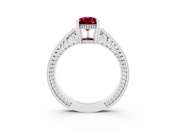 Platinum Pear Cut Garnet Ring with Milgrain Pavé Band and Four-Prong Setting