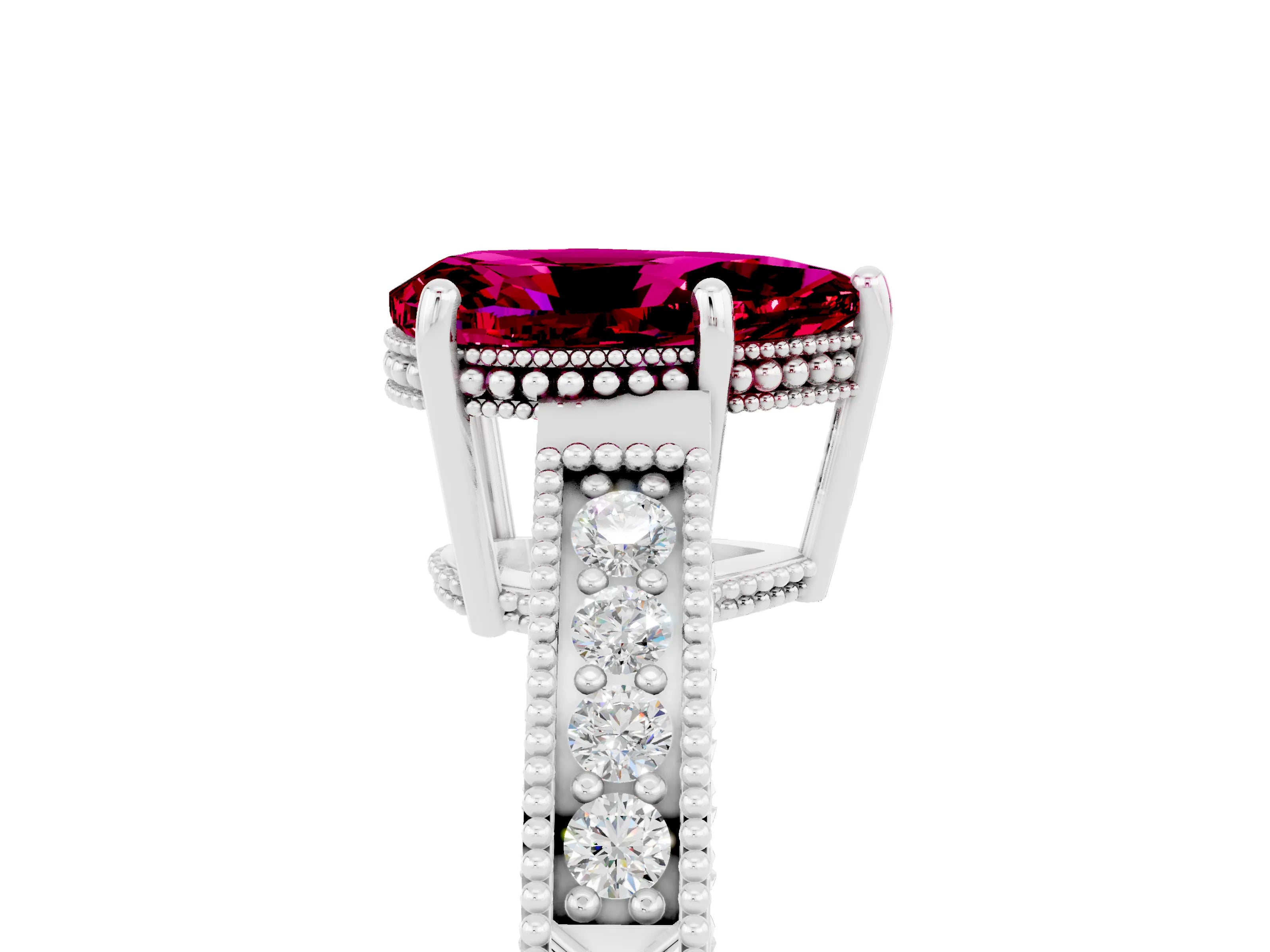 White gold Pear Cut Garnet Ring with Milgrain Pavé Band and Four-Prong Setting_17