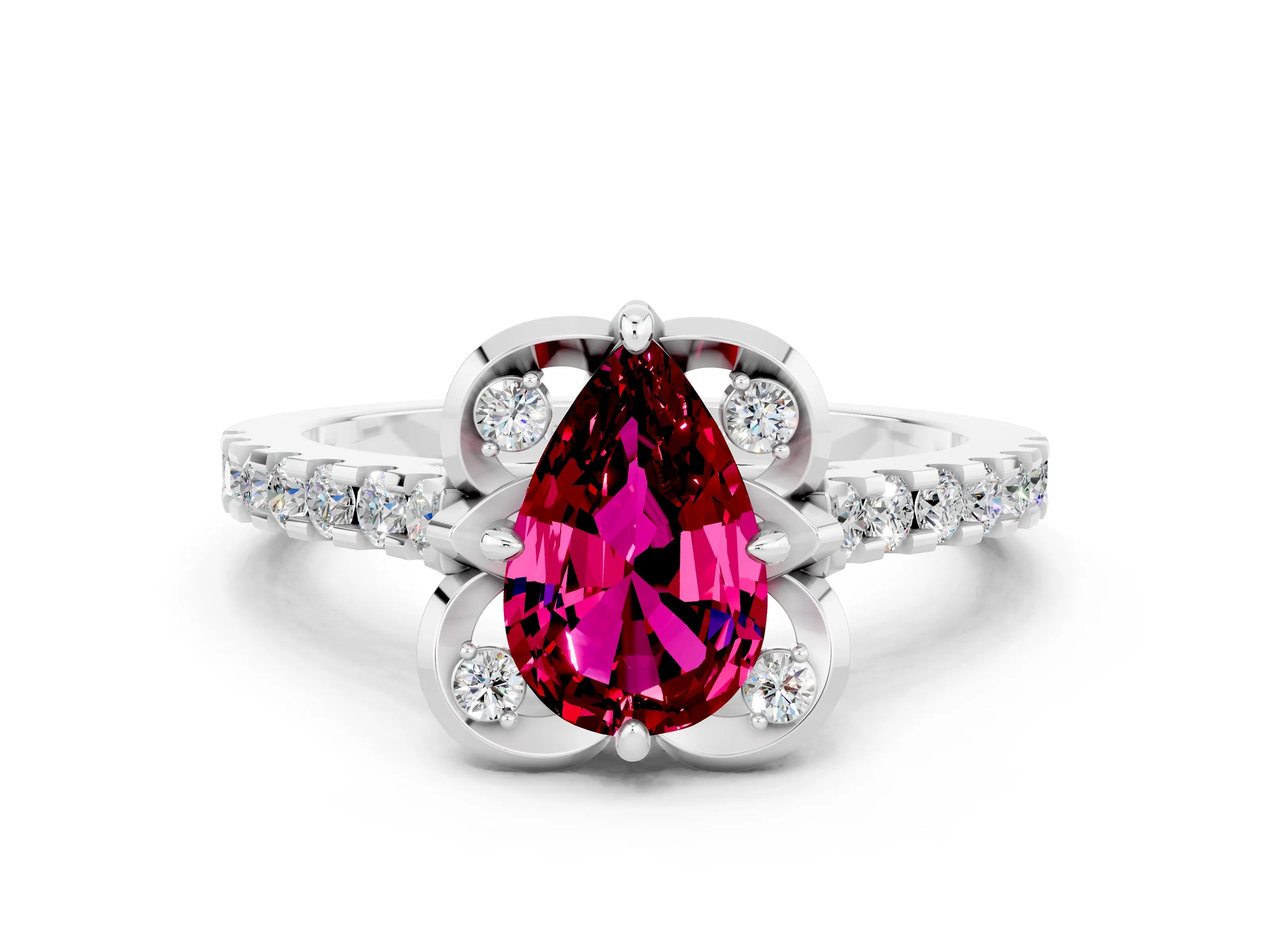 White gold Pear Cut Garnet Ring with Pavé Band and Floral Prong Setting