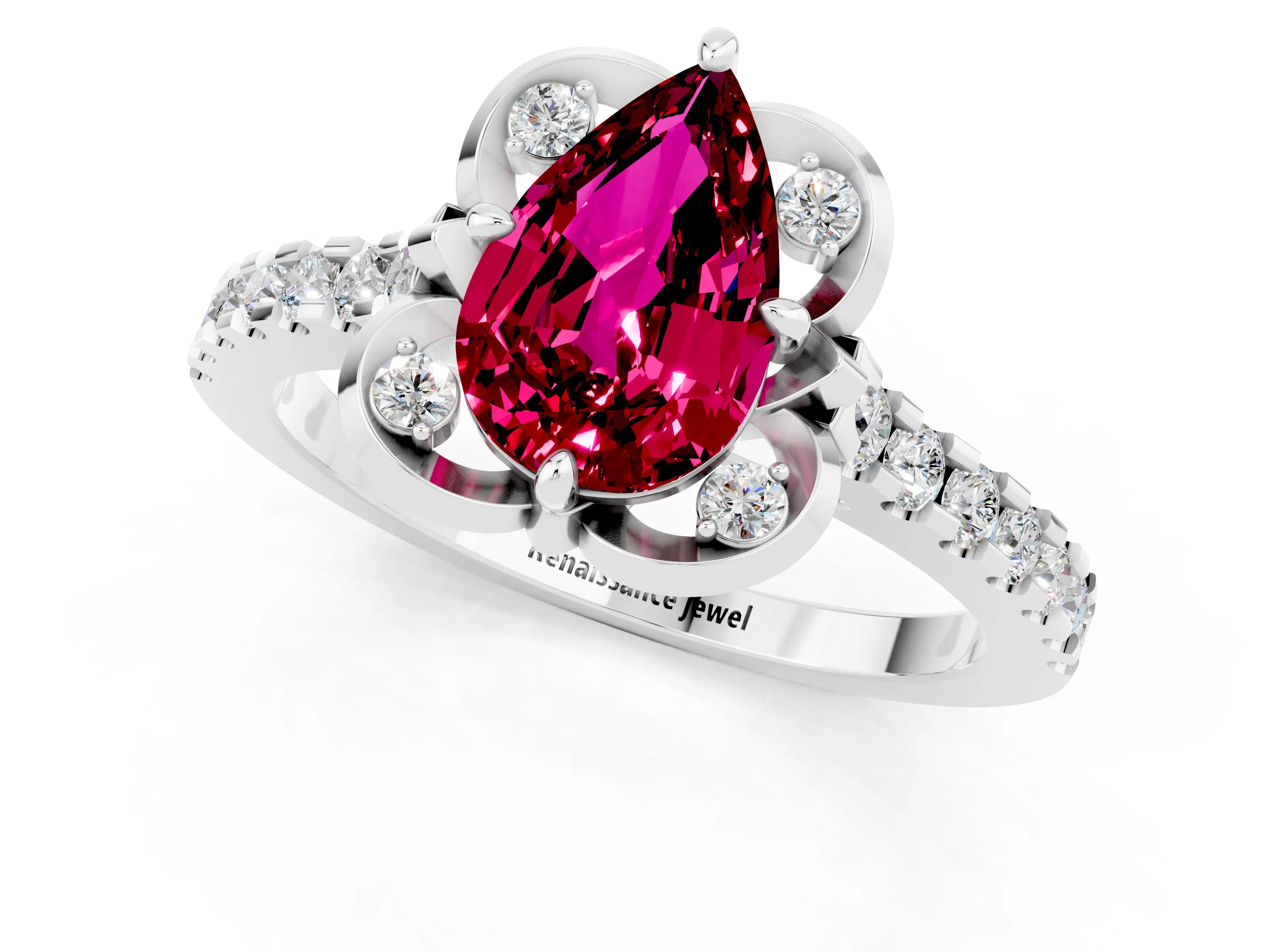 White gold Pear Cut Garnet Ring with Pavé Band and Floral Prong Setting_1
