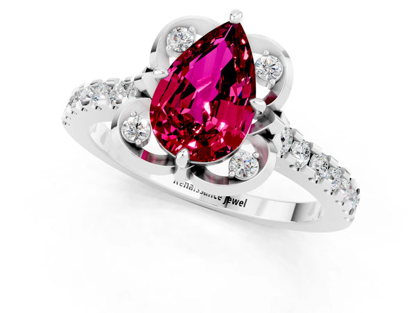 Platinum Pear Cut Garnet Ring with Pavé Band and Floral Prong Setting