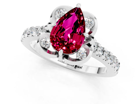 White gold Pear Cut Garnet Ring with Pavé Band and Floral Prong Setting_1