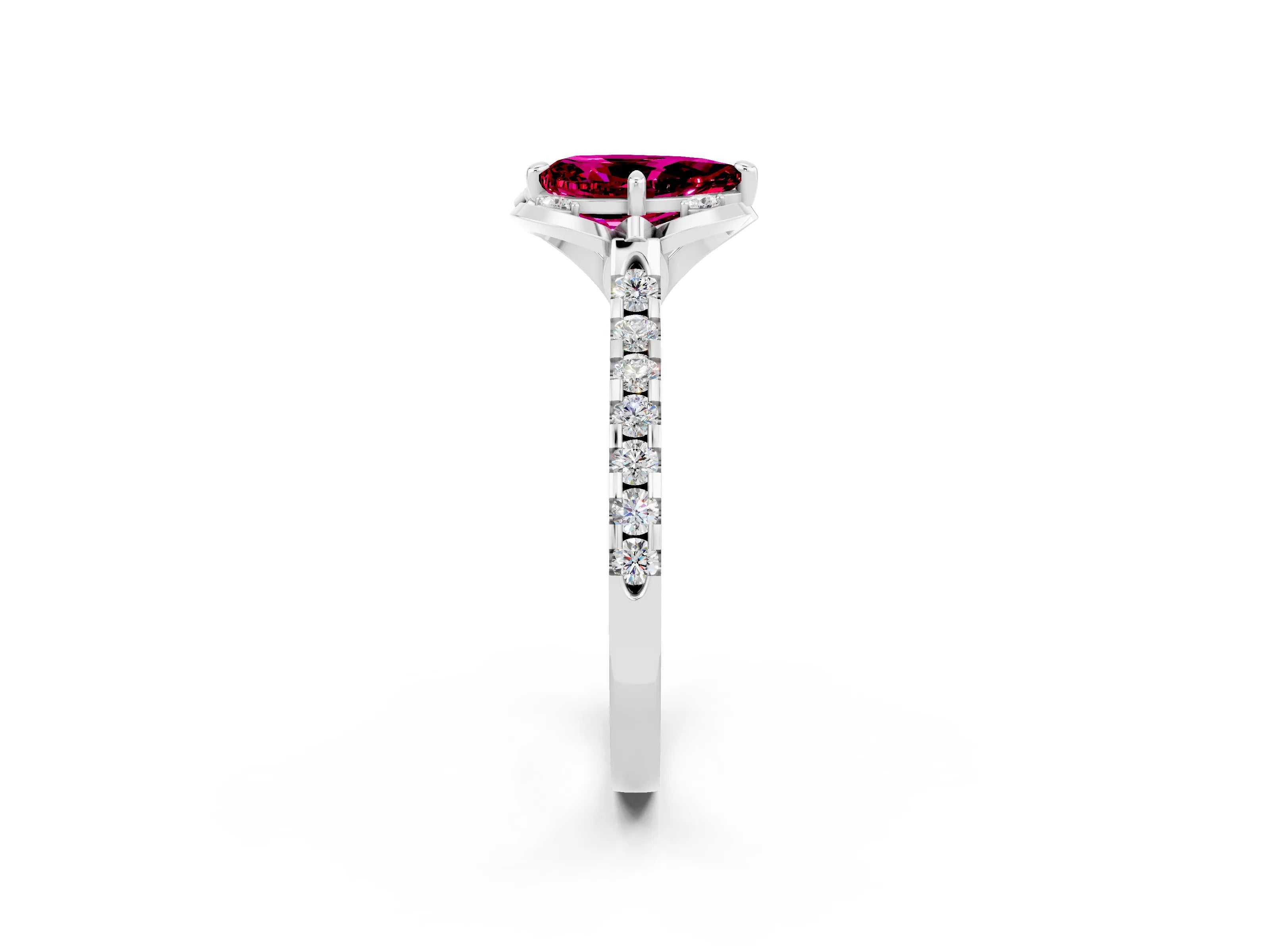White gold Pear Cut Garnet Ring with Pavé Band and Floral Prong Setting_2