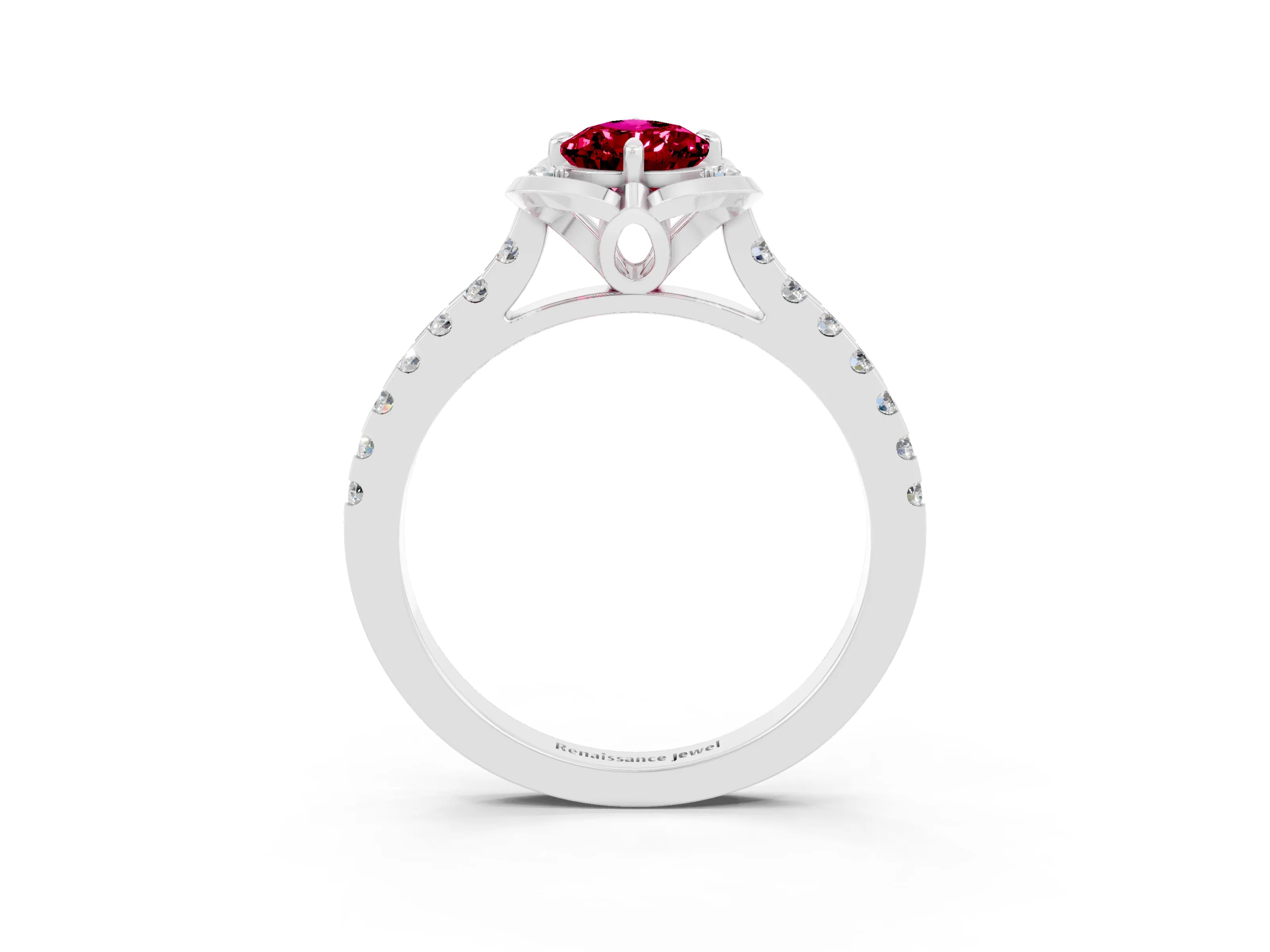 White gold Pear Cut Garnet Ring with Pavé Band and Floral Prong Setting_3