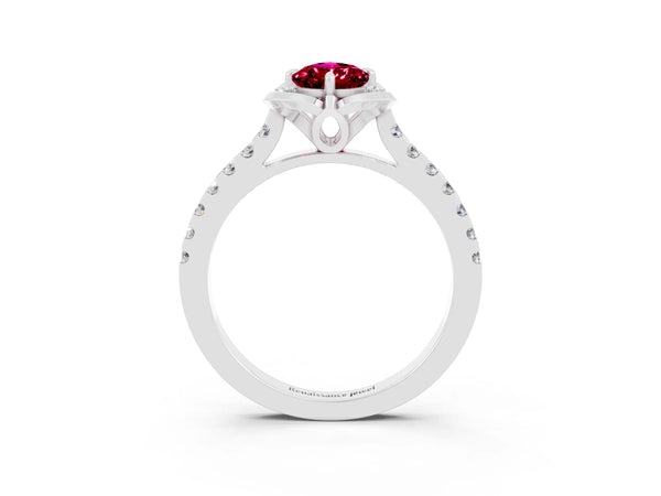 Platinum Pear Cut Garnet Ring with Pavé Band and Floral Prong Setting