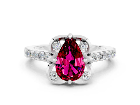 White gold Pear Cut Garnet Ring with Pavé Band and Floral Prong Setting