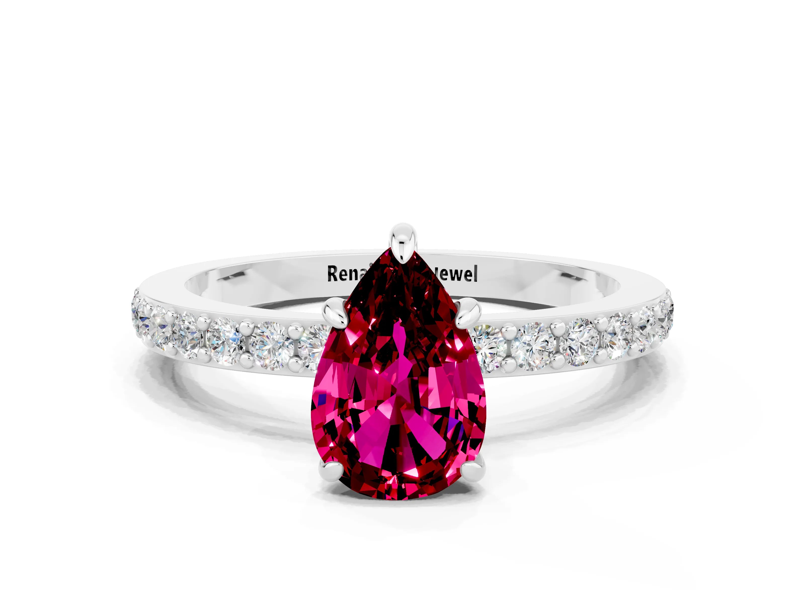 White gold Pear Cut Garnet Ring with Pavé Band and Four-Prong Setting