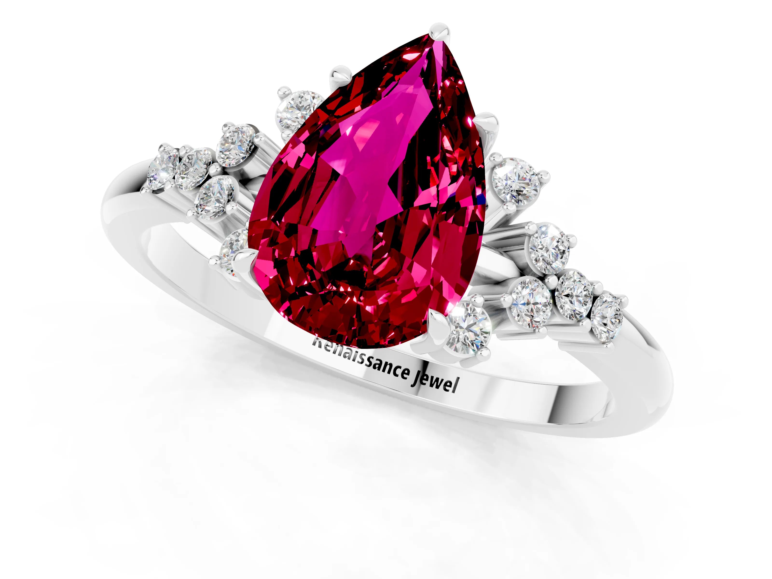 White gold Pear Cut Garnet Ring with Side Stones and Four-Prong Setting_37