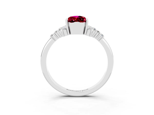 White gold Pear Cut Garnet Ring with Side Stones and Four-Prong Setting
