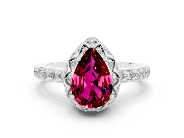 Platinum Pear Cut Garnet Scalloped Halo Engagement Ring with Round Shared Prong Band